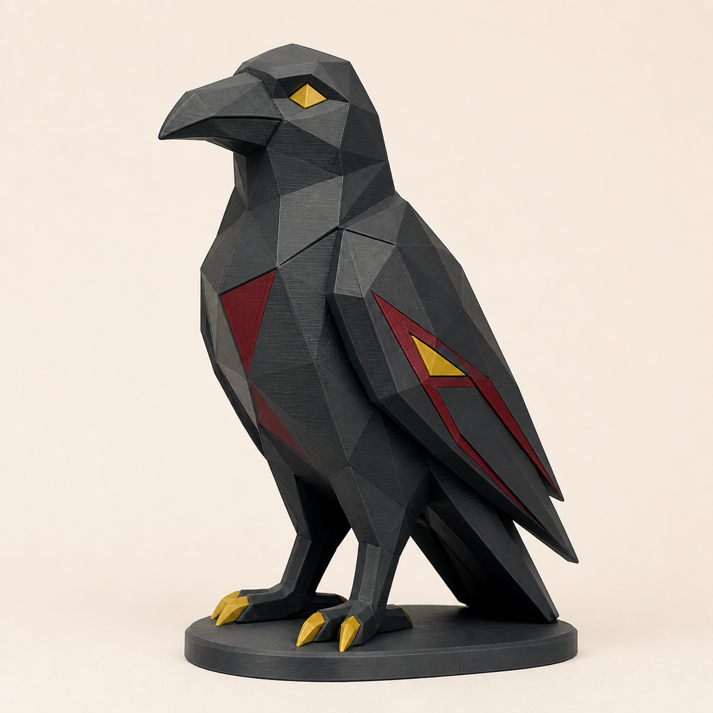 Rabe-Low-Poly-Skulptur Facettenfigur aus 3D-gedrucktem PETG in Anthrazit, Bordeaux, Ockergelb