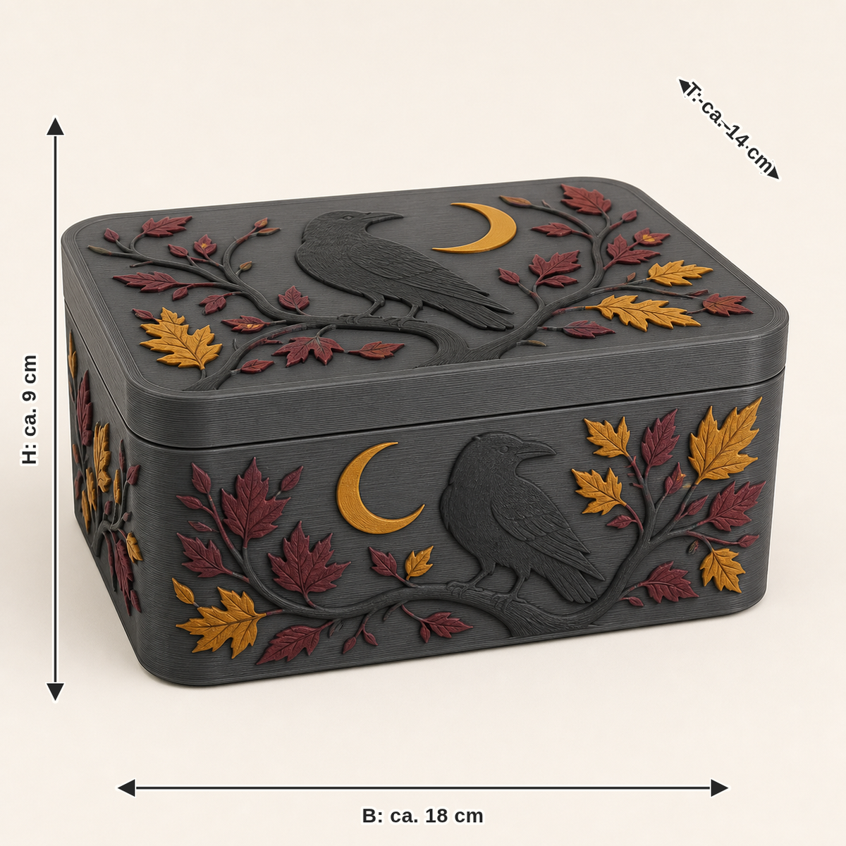 Maßbild für Rabenwald-Aufbewahrungsbox Waldbox: Breite ca. 18 cm, Tiefe ca. 14 cm, Höhe ca. 9 cm