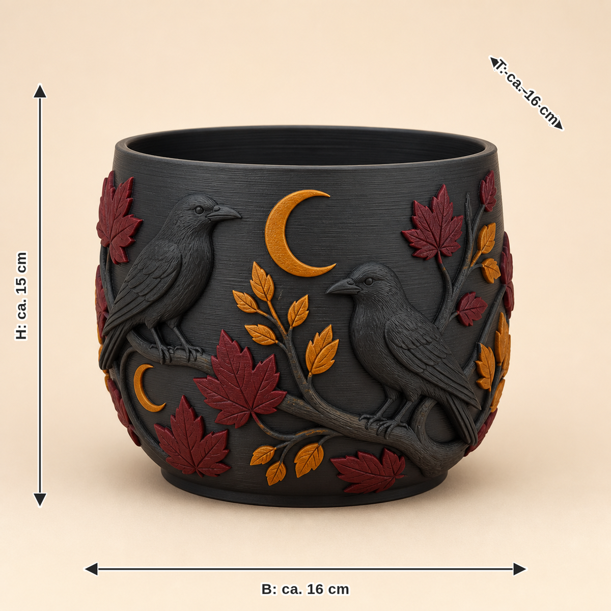 Maßbild für Rabenwald-Pflanzübertopf Asttopf: Breite ca. 16 cm, Tiefe ca. 16 cm, Höhe ca. 15 cm