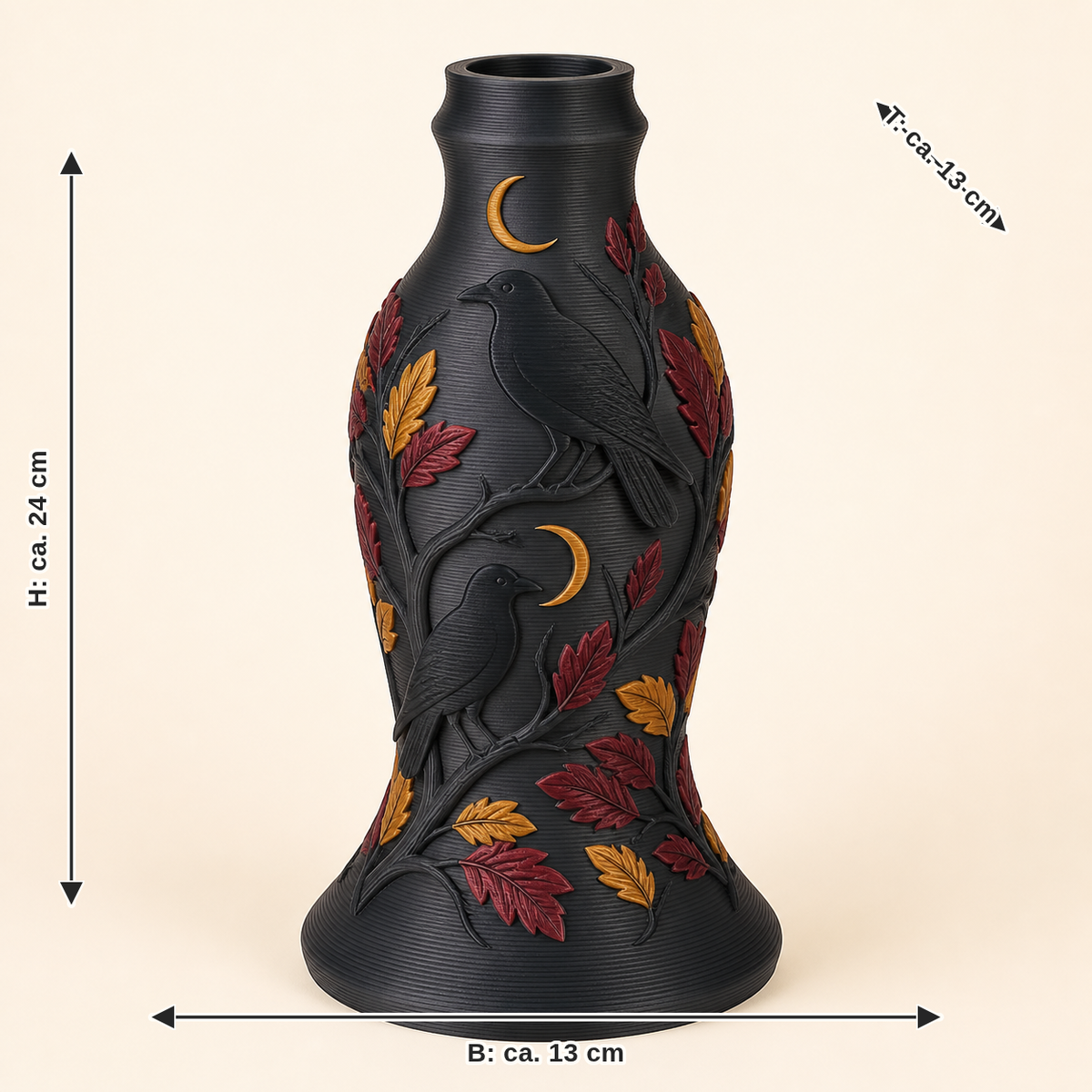 Maßbild für Rabenwald-Trockenblumen-Vase Rabenvase: Breite ca. 13 cm, Tiefe ca. 13 cm, Höhe ca. 24 cm