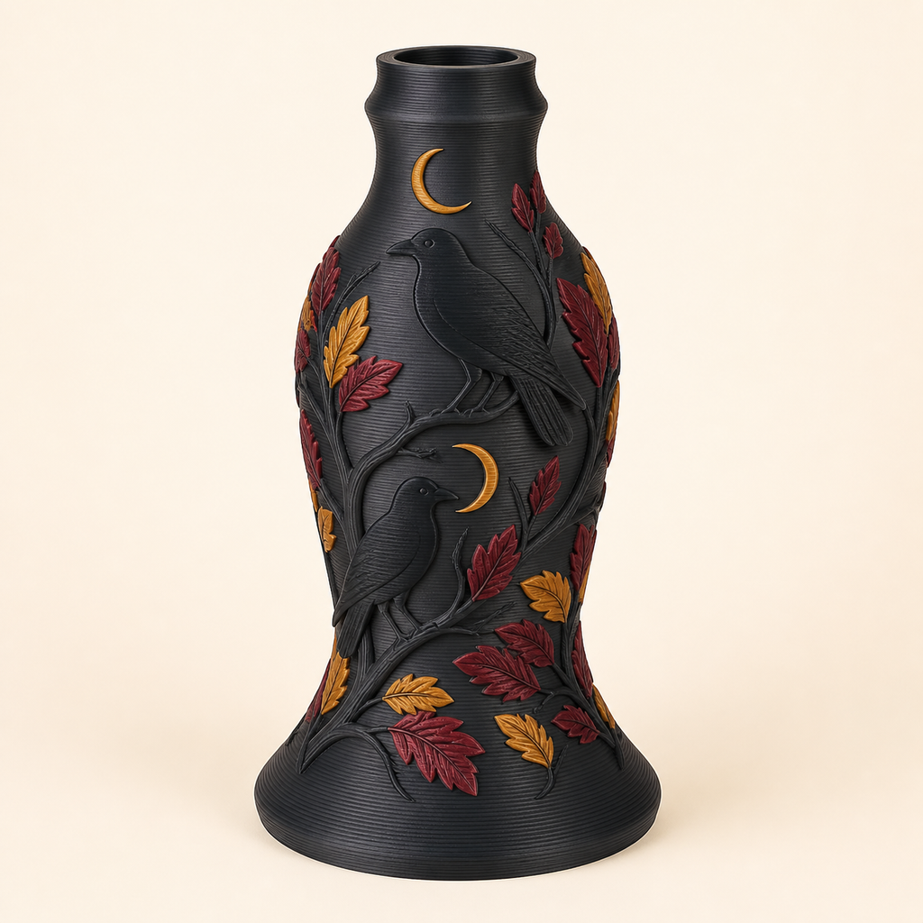 Rabenwald-Trockenblumen-Vase Rabenvase aus 3D-gedrucktem PETG in Anthrazit, Bordeaux, Ockergelb