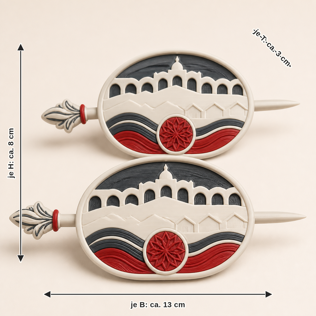 Maßbild für Raffspange Mirabellblatt – Salzburg: je Breite ca. 13 cm, Tiefe ca. 3 cm, Höhe ca. 8 cm
