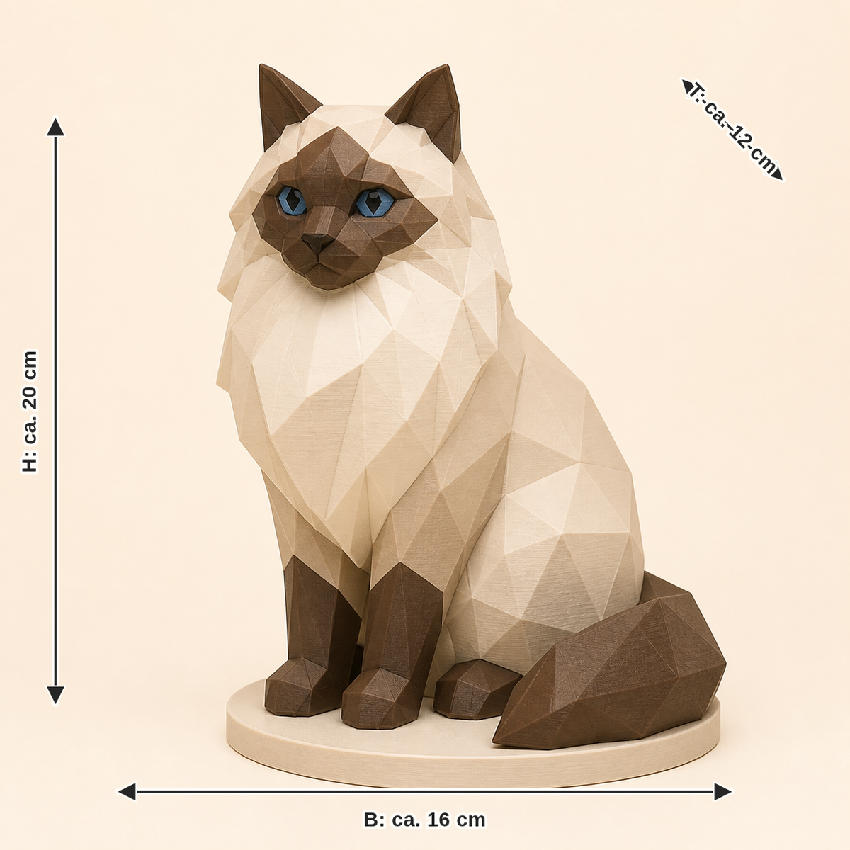 Maßbild für Ragdoll-Low-Poly-Skulptur Facettenfigur: Breite ca. 16 cm, Tiefe ca. 12 cm, Höhe ca. 20 cm