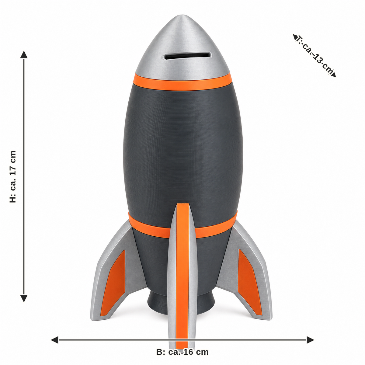 Maßbild für Raketenförmige Sparbüchse in Anthrazit und Orange: Breite ca. 16 cm, Tiefe ca. 13 cm, Höhe ca. 17 cm