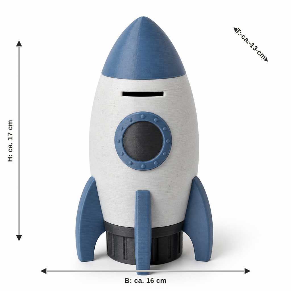 Maßbild für Raketenförmige Spardose in Graublau: Breite ca. 16 cm, Tiefe ca. 13 cm, Höhe ca. 17 cm