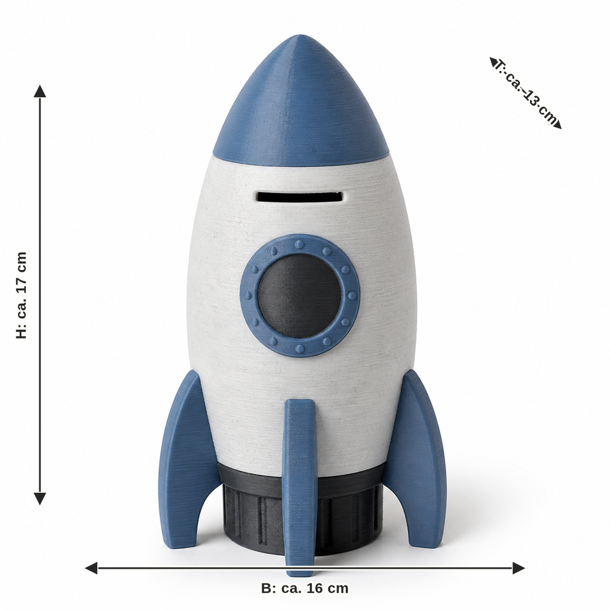 Maßbild für Raketenförmige Spardose in Graublau: Breite ca. 16 cm, Tiefe ca. 13 cm, Höhe ca. 17 cm
