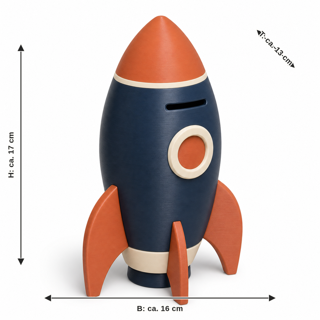 Maßbild für Raketenförmige Spardose in Navy und Terrakotta: Breite ca. 16 cm, Tiefe ca. 13 cm, Höhe ca. 17 cm