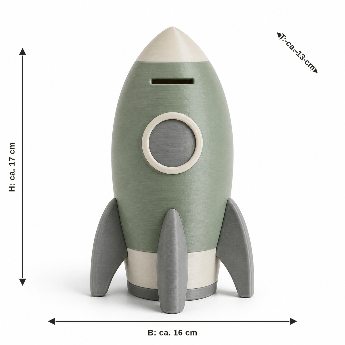 Maßbild für Raketenförmige Spardose in Salbeigrün: Breite ca. 16 cm, Tiefe ca. 13 cm, Höhe ca. 17 cm