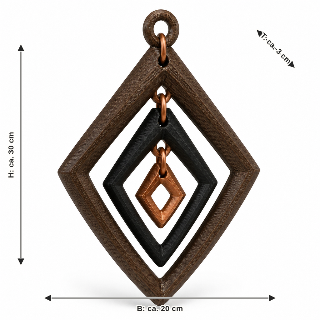 Dimensional image for diamond-shaped hanging decoration in dark wood look: width approx. 20 cm, depth approx. 3 cm, height approx. 30 cm