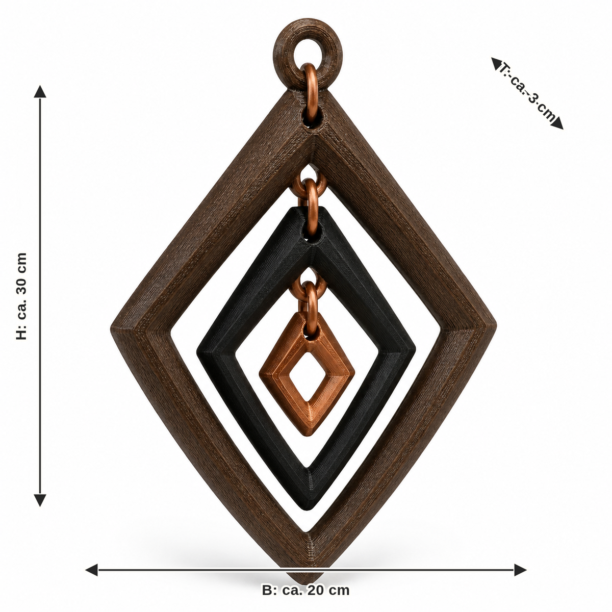 Dimensional image for diamond-shaped hanging decoration in dark wood look: width approx. 20 cm, depth approx. 3 cm, height approx. 30 cm