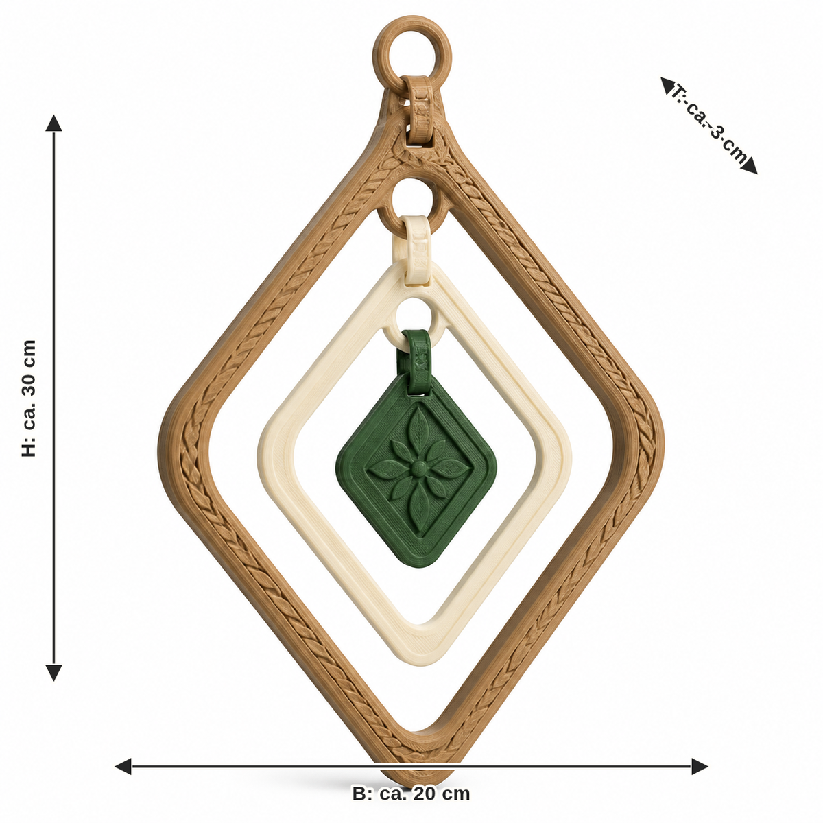 Dimensional image for diamond-shaped hanging decoration with leaf medallion: width about 20 cm, depth about 3 cm, height about 30 cm