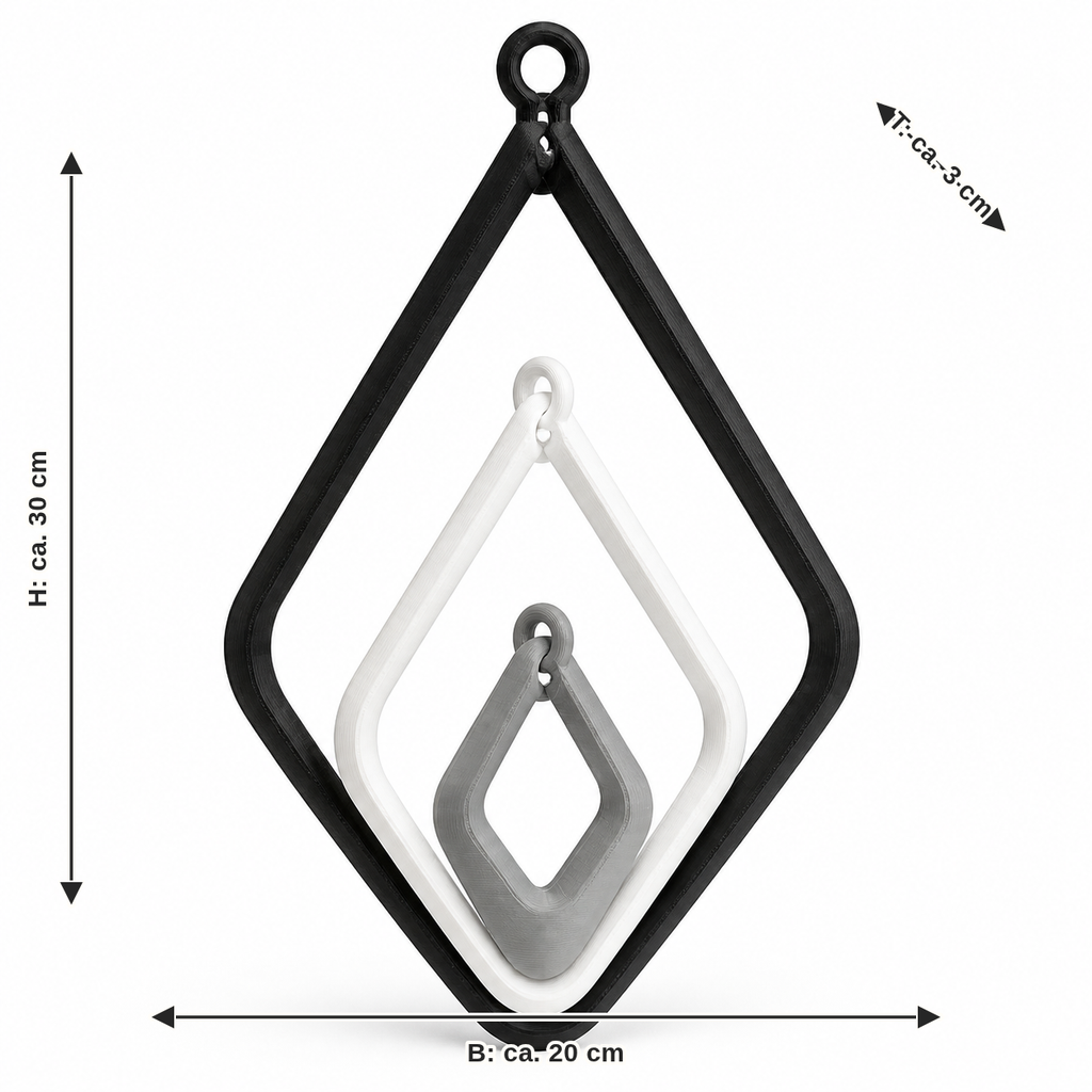 Dimensional image for diamond-shaped hanging decoration with three frames: width approx. 20 cm, depth approx. 3 cm, height approx. 30 cm