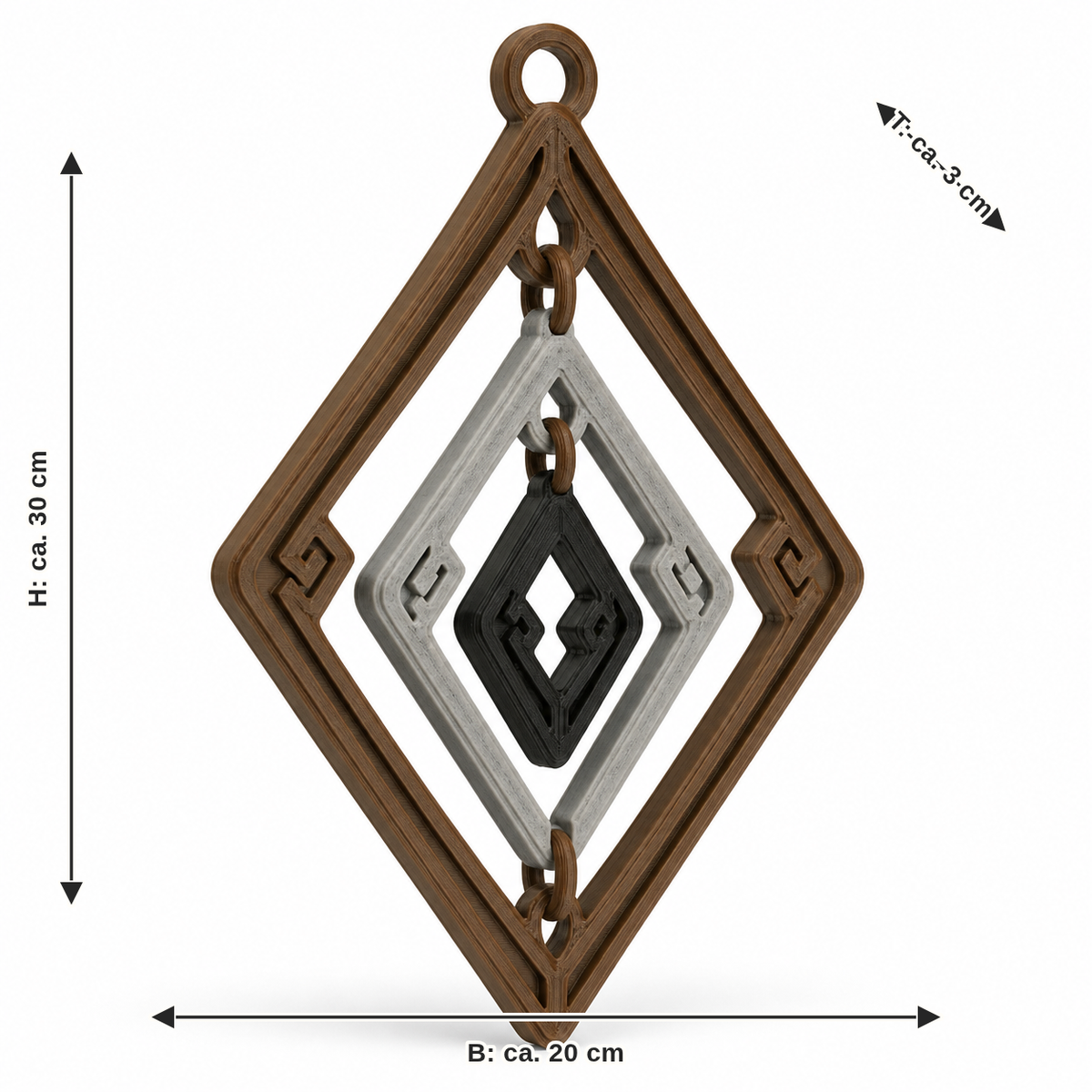 Dimensional image for diamond-shaped hanging decoration with rune frame: width approx. 20 cm, depth approx. 3 cm, height approx. 30 cm