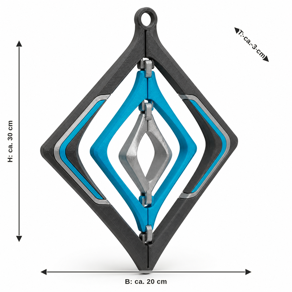 Dimensional image for diamond-shaped hanging decoration with layer elements: width approx. 20 cm, depth approx. 3 cm, height approx. 30 cm