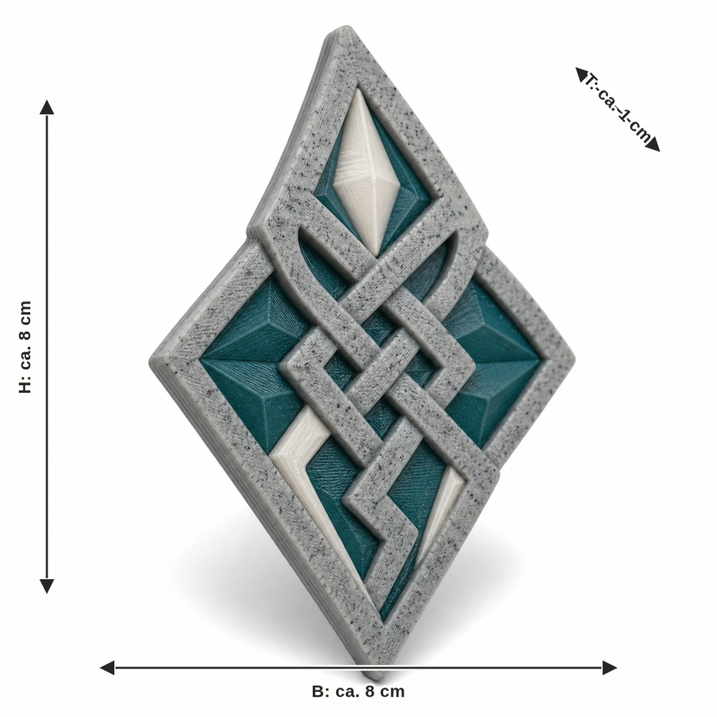 Maßbild für Rautenförmiger Magnet mit Runenkristall: Breite ca. 8 cm, Tiefe ca. 1 cm, Höhe ca. 8 cm