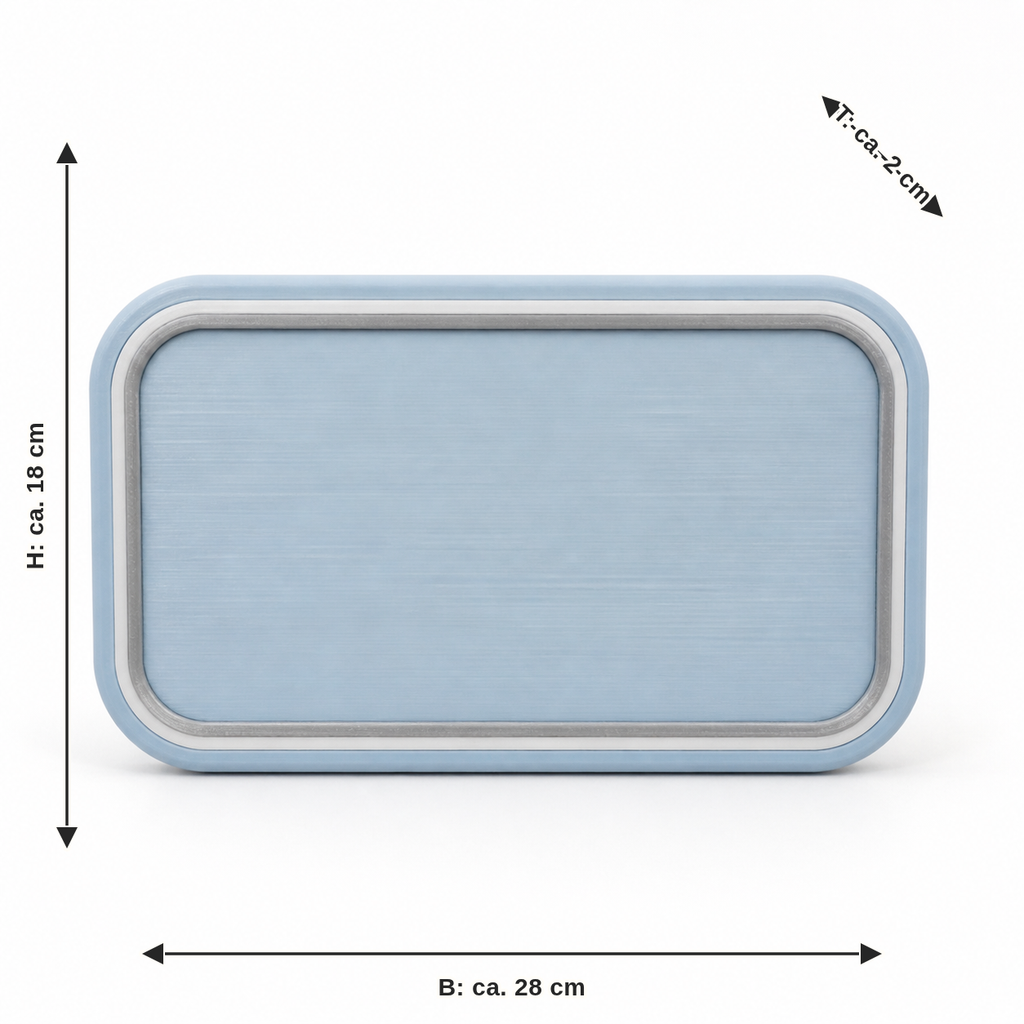 Measurement image for rectangular wall sign in sky blue: width approx. 28 cm, depth approx. 2 cm, height approx. 18 cm