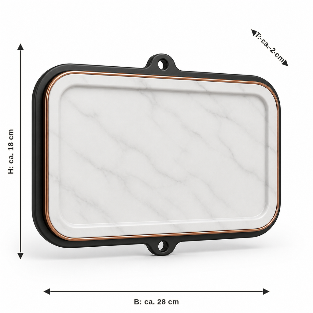 Dimensional image for rectangular wall sign in marble look: width approx. 28 cm, depth approx. 2 cm, height approx. 18 cm