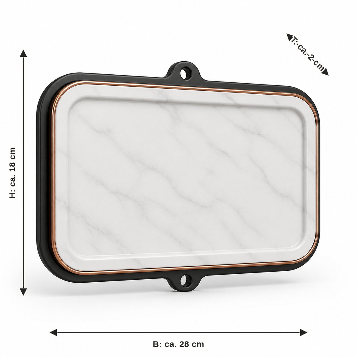 Dimensional image for rectangular wall sign in marble look: width approx. 28 cm, depth approx. 2 cm, height approx. 18 cm