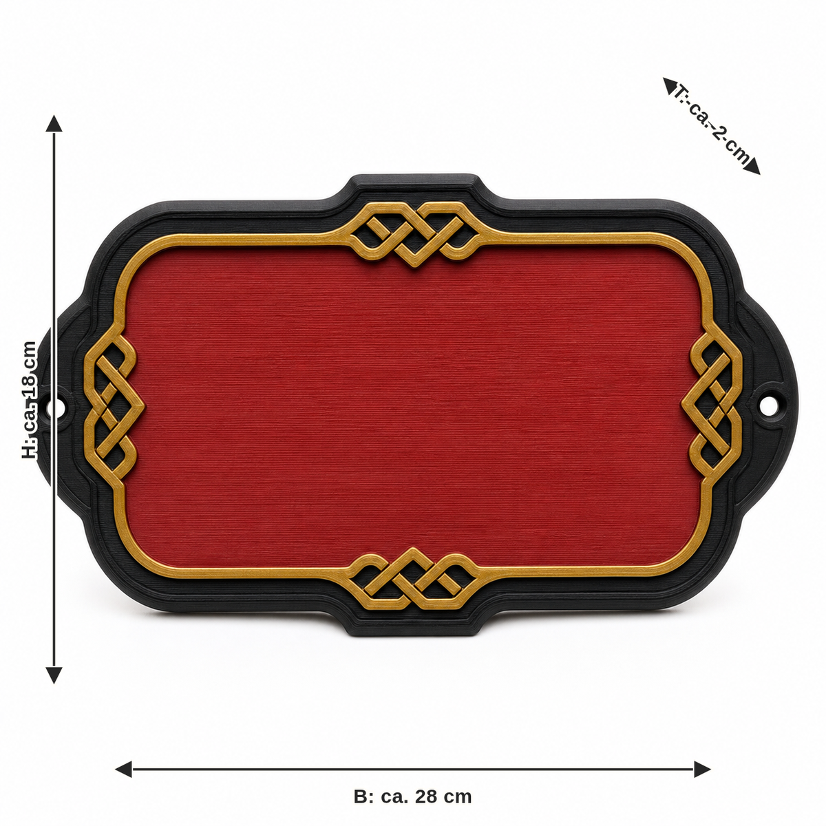 Measurement image for rectangular wall sign in red and gold: width approx. 28 cm, depth approx. 2 cm, height approx. 18 cm
