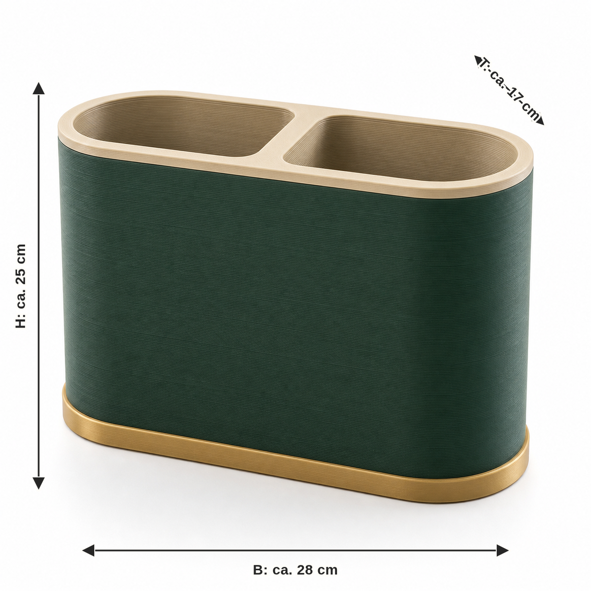 Dimensional image for recycling station Smaragdduo: width approx. 28 cm, depth approx. 17 cm, height approx. 25 cm