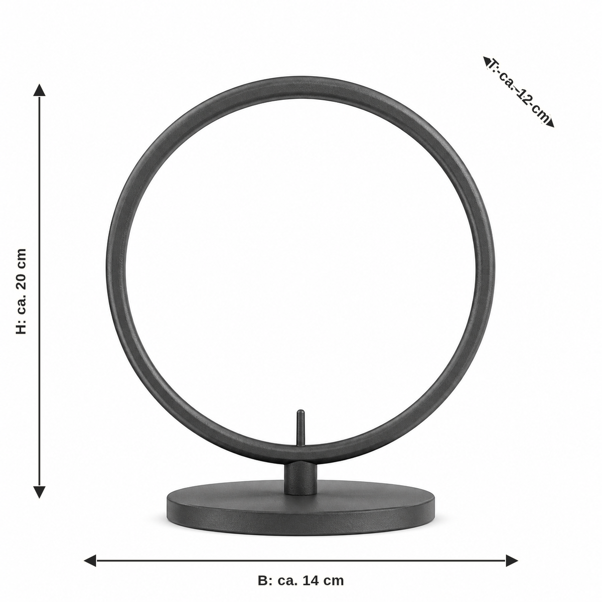 Maßbild für Ring-Präsentationsständer in Graphitgrau: Breite ca. 14 cm, Tiefe ca. 12 cm, Höhe ca. 20 cm