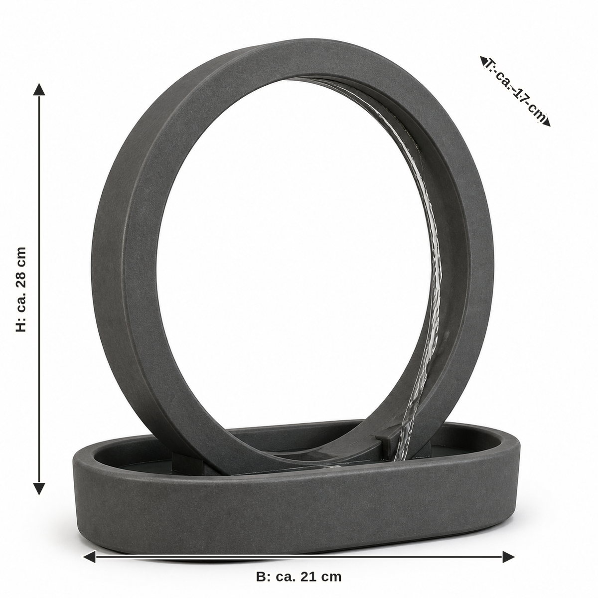 Dimensional image for ring-indoor fountains in graphite grey: width approx. 21 cm, depth approx. 17 cm, height approx. 28 cm
