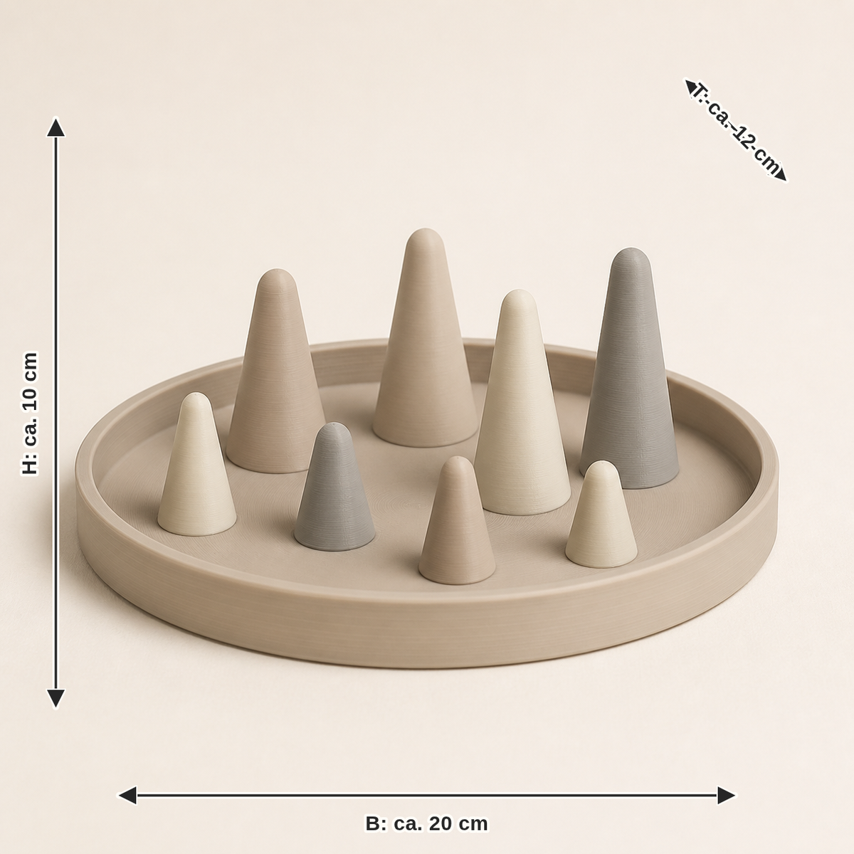 Maßbild für Ringablage Gipfelfeld – Minimalistisch: Breite ca. 20 cm, Tiefe ca. 12 cm, Höhe ca. 10 cm