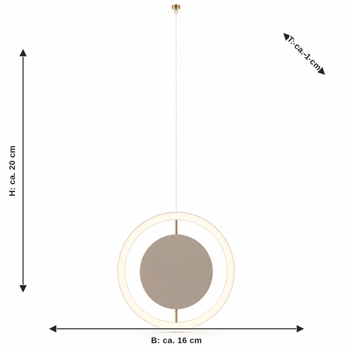 Maßbild für Ringanhänger in Creme und Taupe: Breite ca. 16 cm, Tiefe ca. 1 cm, Höhe ca. 20 cm