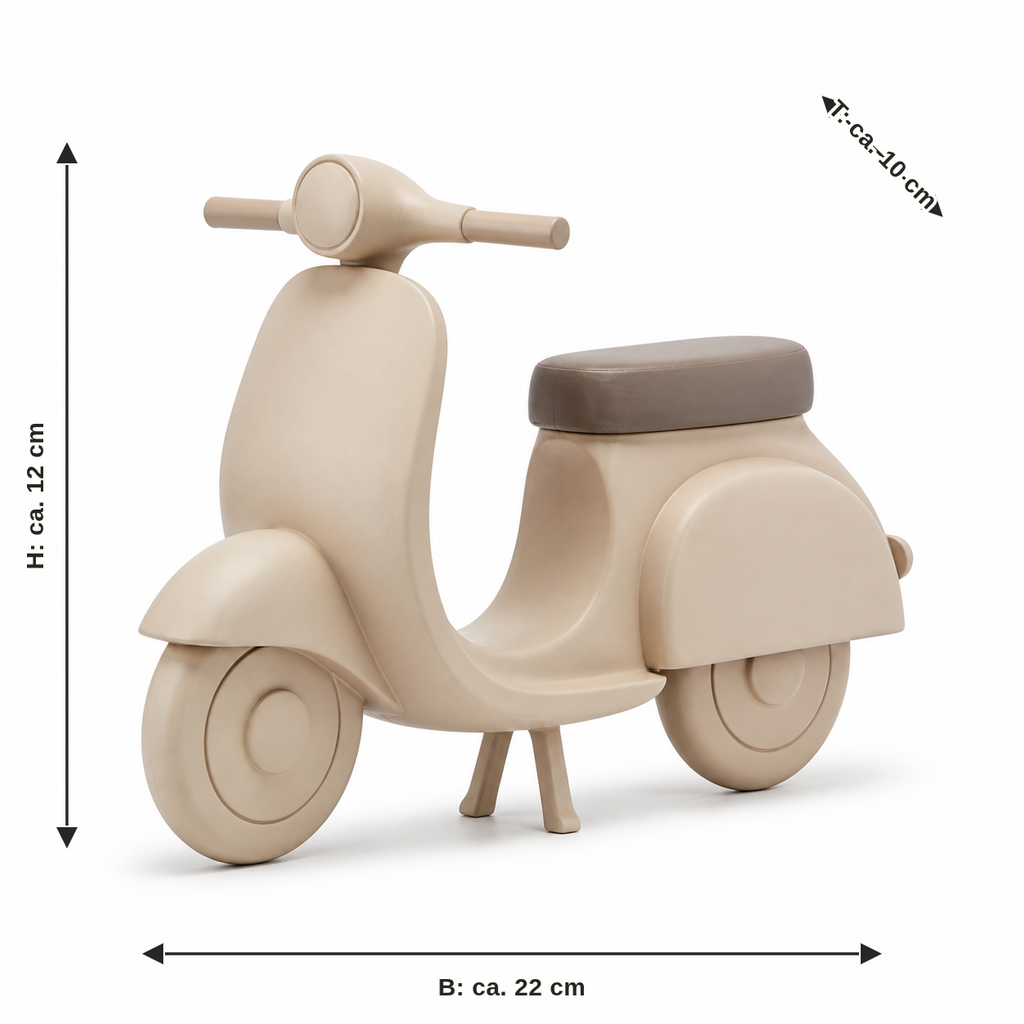 Dimensional image for scooter model in sand beige and taupe: width approx. 22 cm, depth approx. 10 cm, height approx. 12 cm