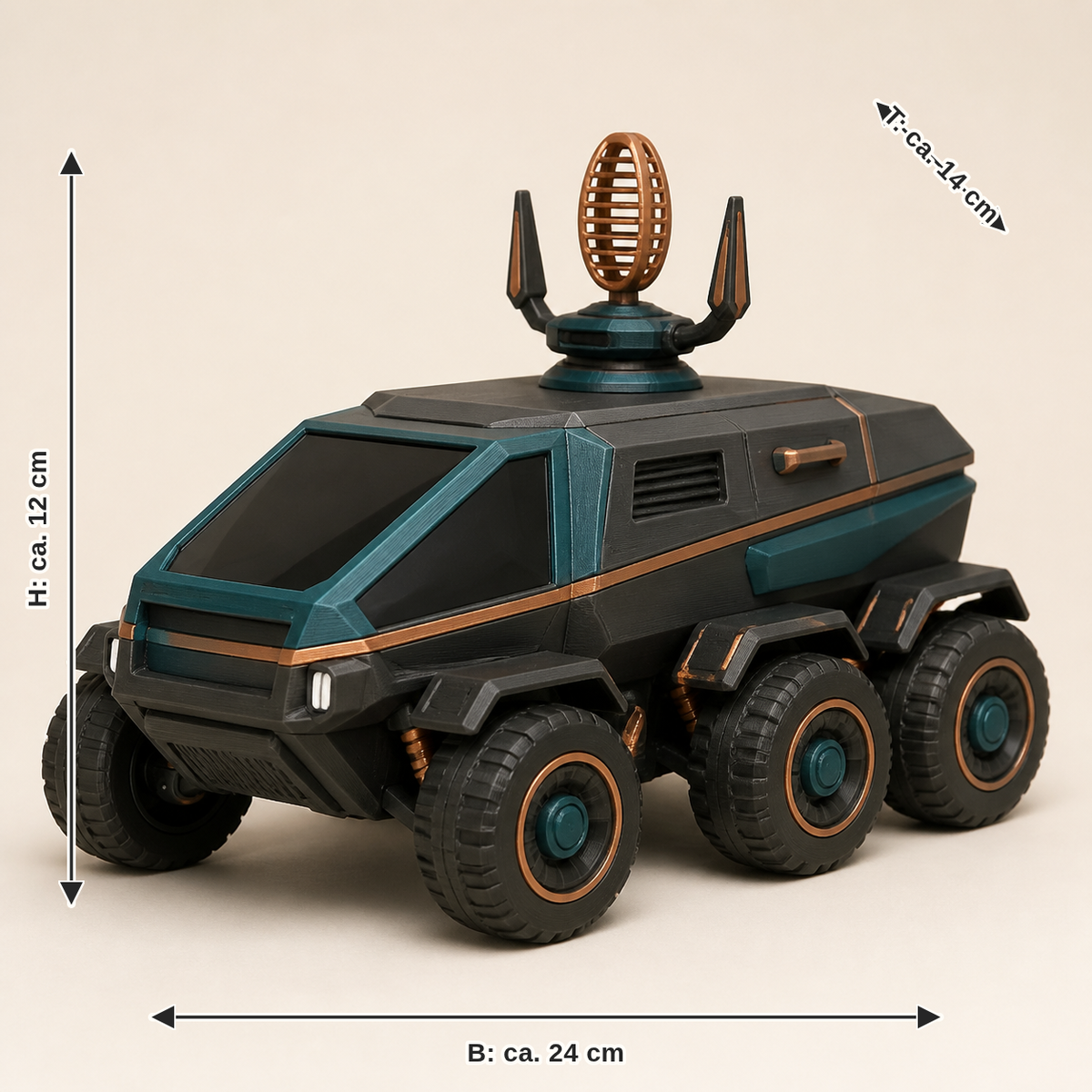 Maßbild für Rover-Modell Orbit – Modern: Breite ca. 24 cm, Tiefe ca. 14 cm, Höhe ca. 12 cm