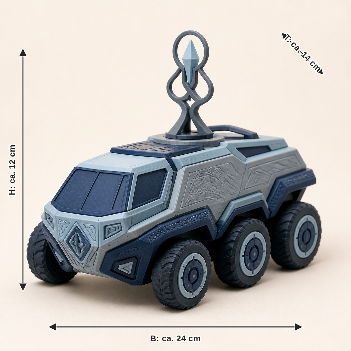 Maßbild für Rover-Modell Orbit – Nordisch & Mythisch: Breite ca. 24 cm, Tiefe ca. 14 cm, Höhe ca. 12 cm