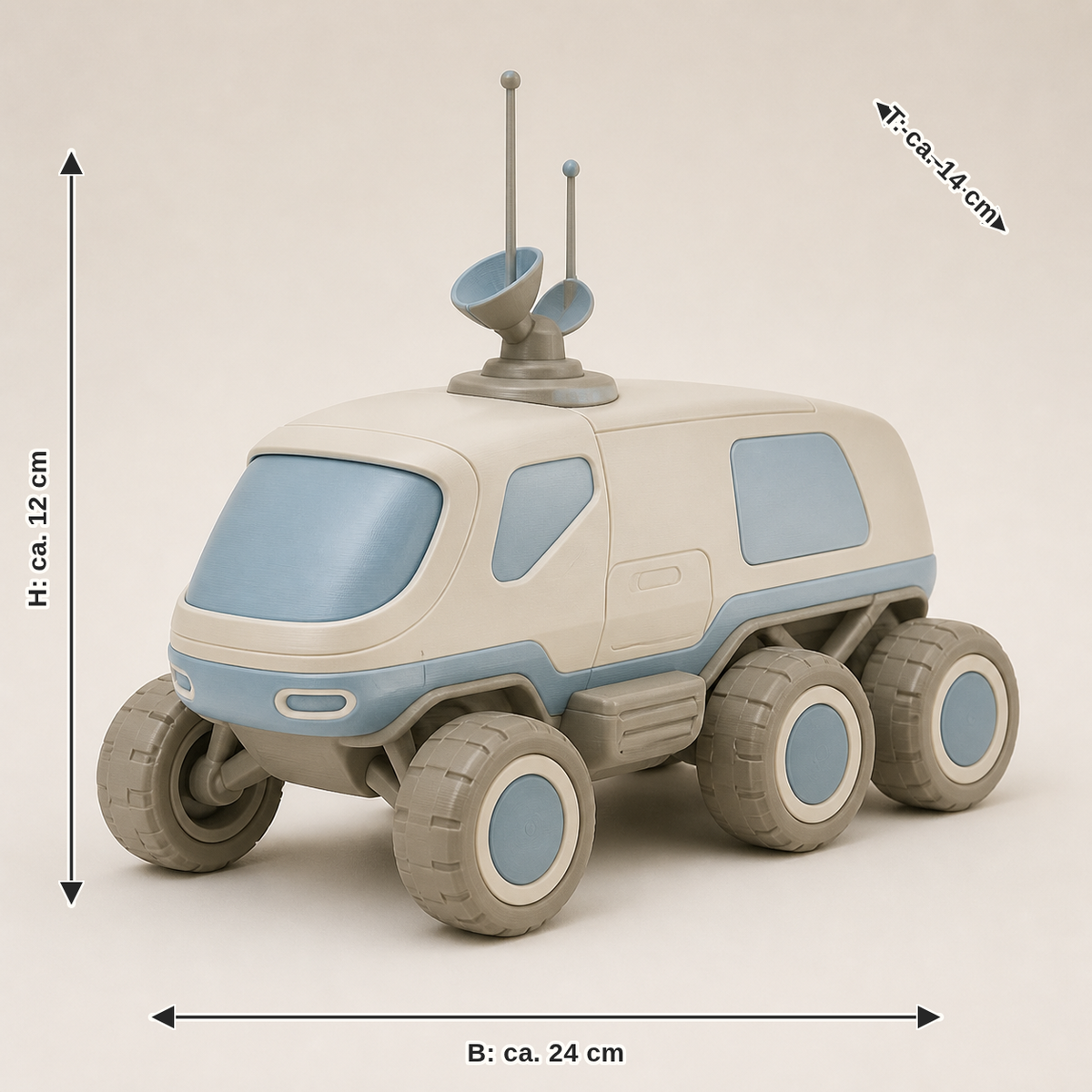 Maßbild für Rover-Modell Orbit – Still: Breite ca. 24 cm, Tiefe ca. 14 cm, Höhe ca. 12 cm