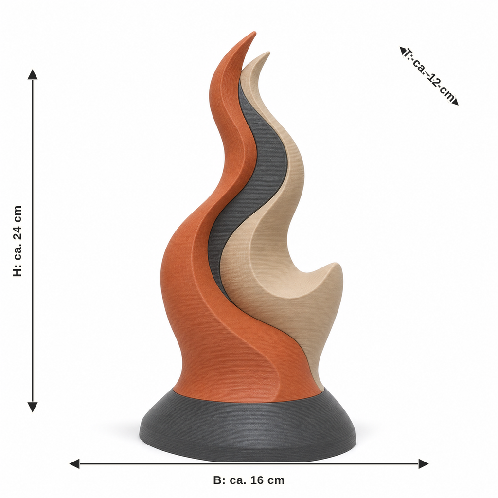 Maßbild für Ruhige Flammenskulptur in warmen Tönen: Breite ca. 16 cm, Tiefe ca. 12 cm, Höhe ca. 24 cm
