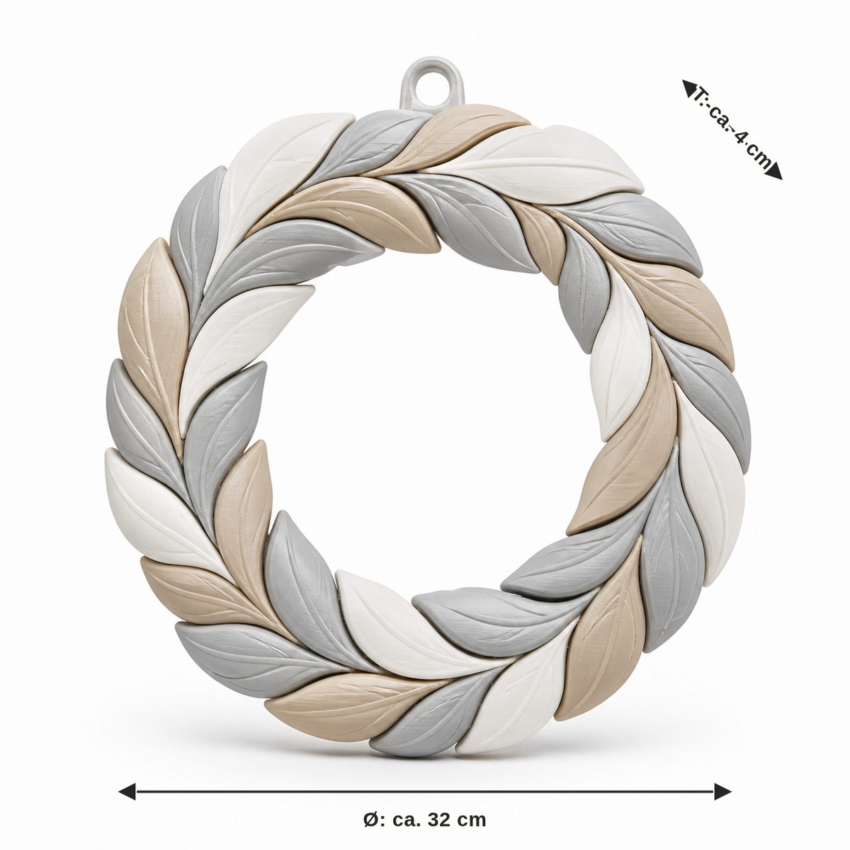 Dimensional image for quiet door wreath made of layered leaves: diameter approx. 32 cm, depth approx. 4 cm