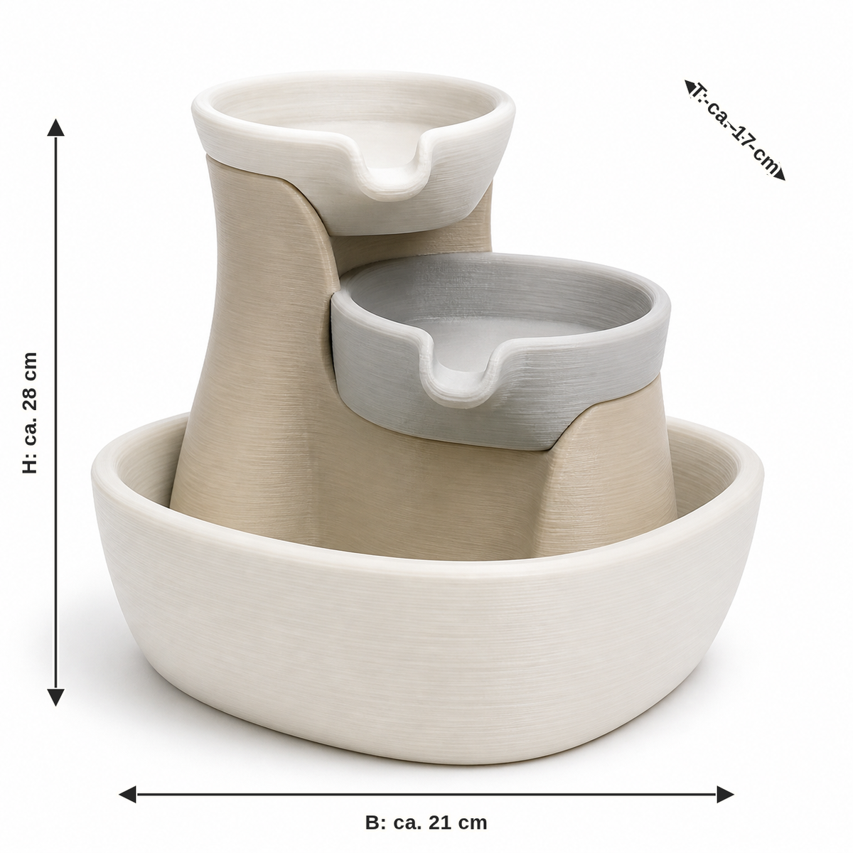 Measurement for quiet indoor fountains with two bowls: width approx. 21 cm, depth approx. 17 cm, height approx. 28 cm