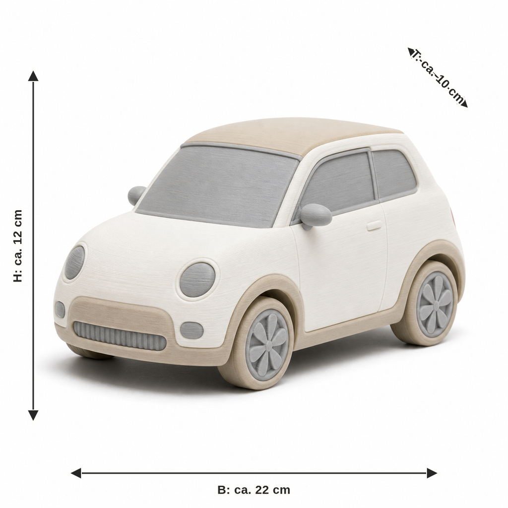Dimensional image for quiet small car model in natural tones: width approx. 22 cm, depth approx. 10 cm, height approx. 12 cm