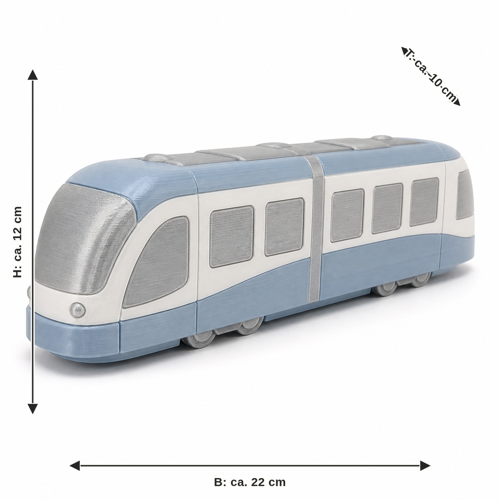 Measurement for quiet tram model in blue: width approx. 22 cm, depth approx. 10 cm, height approx. 12 cm