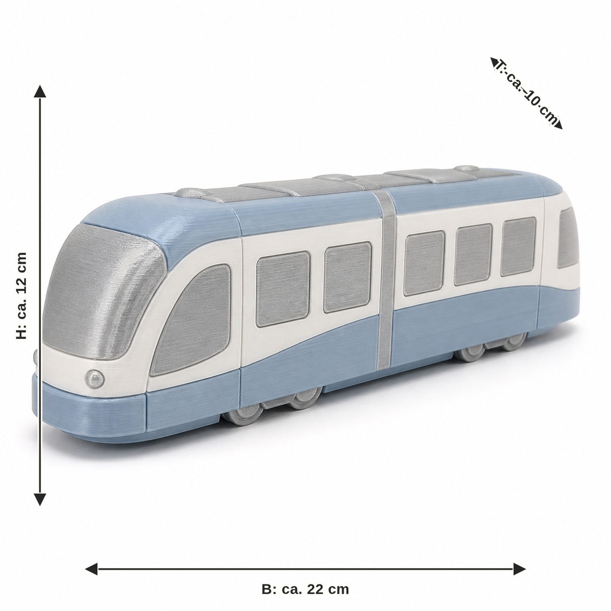 Measurement for quiet tram model in blue: width approx. 22 cm, depth approx. 10 cm, height approx. 12 cm