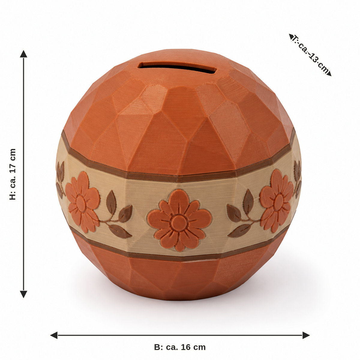 Maßbild für Runde Spardose mit Blütenband: Breite ca. 16 cm, Tiefe ca. 13 cm, Höhe ca. 17 cm