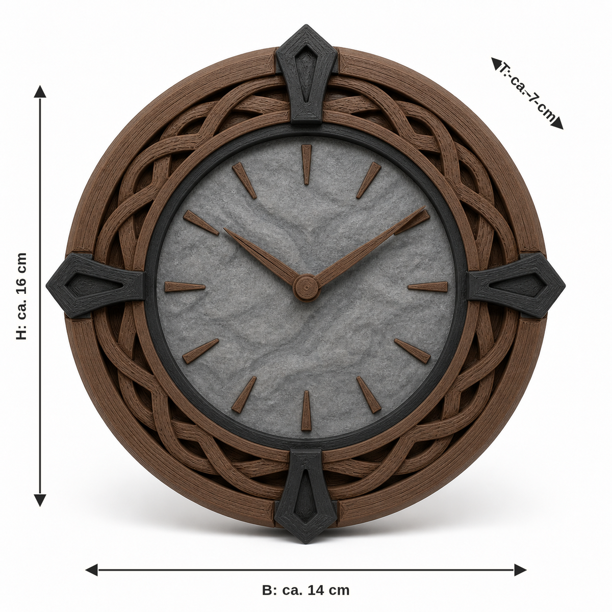 Maßbild für Runde Tischuhr mit Flechtkranz: Breite ca. 14 cm, Tiefe ca. 7 cm, Höhe ca. 16 cm