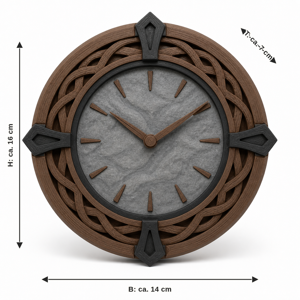 Maßbild für Runde Tischuhr mit Flechtkranz: Breite ca. 14 cm, Tiefe ca. 7 cm, Höhe ca. 16 cm