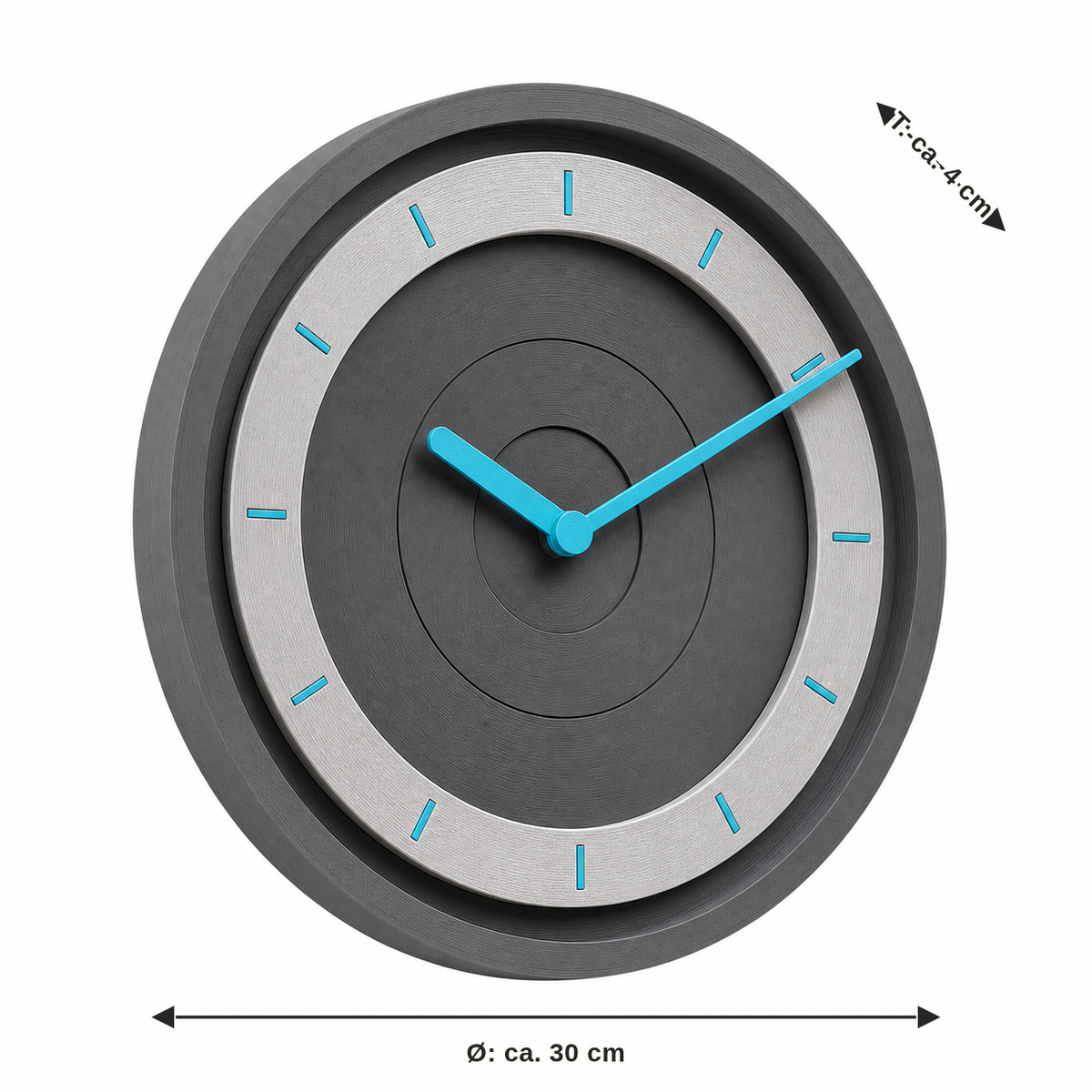 Dimensional image for round wall clock with cy indicators: diameter approx. 30 cm, depth approx. 4 cm
