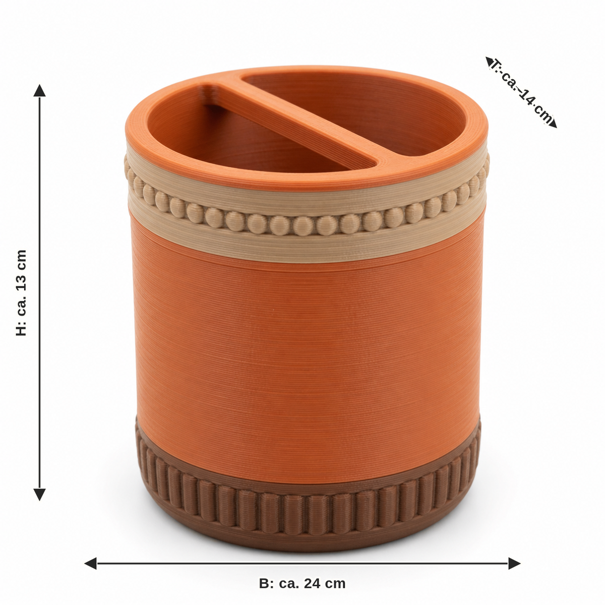 Dimensional image for round bathroom organiser with two compartments: width approx. 24 cm, depth approx. 14 cm, height approx. 13 cm