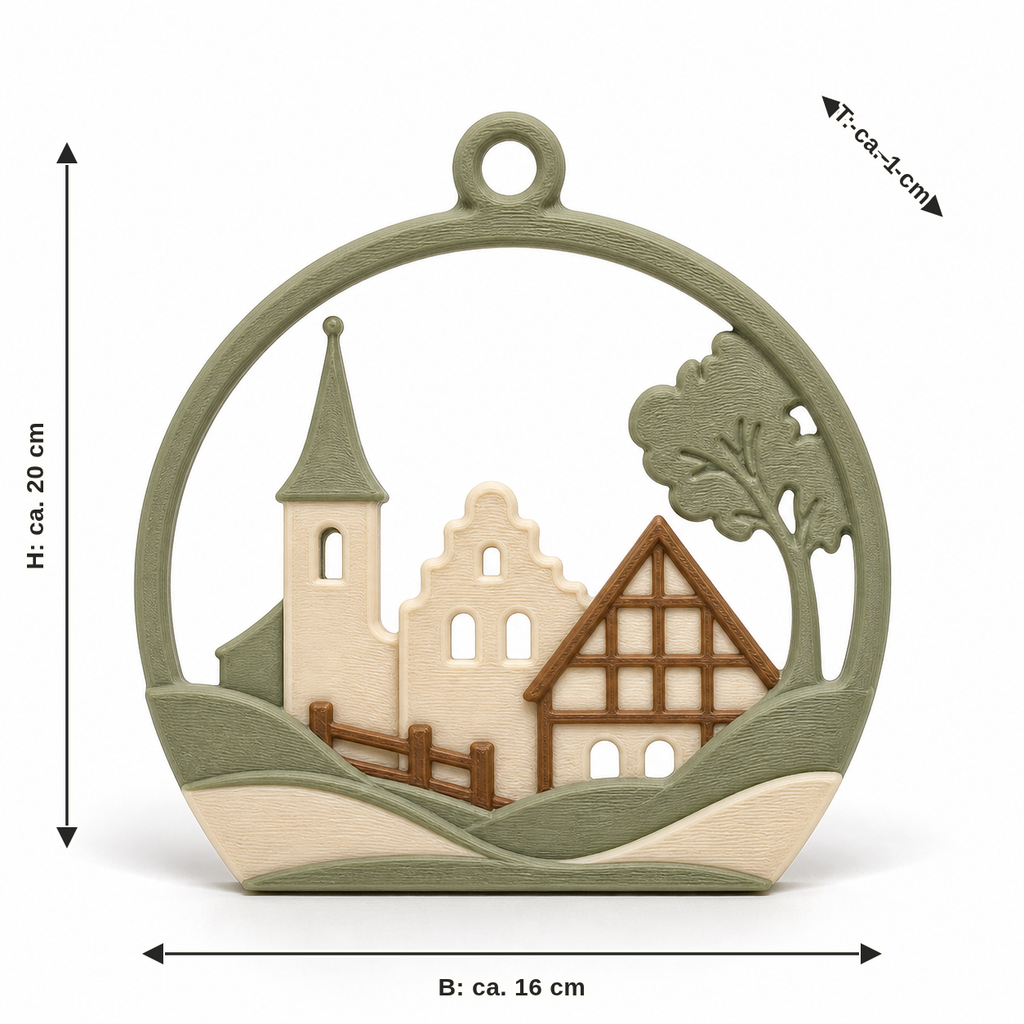 Dimensional image for round window ornament with village motif: width approx. 16 cm, depth approx. 1 cm, height approx. 20 cm