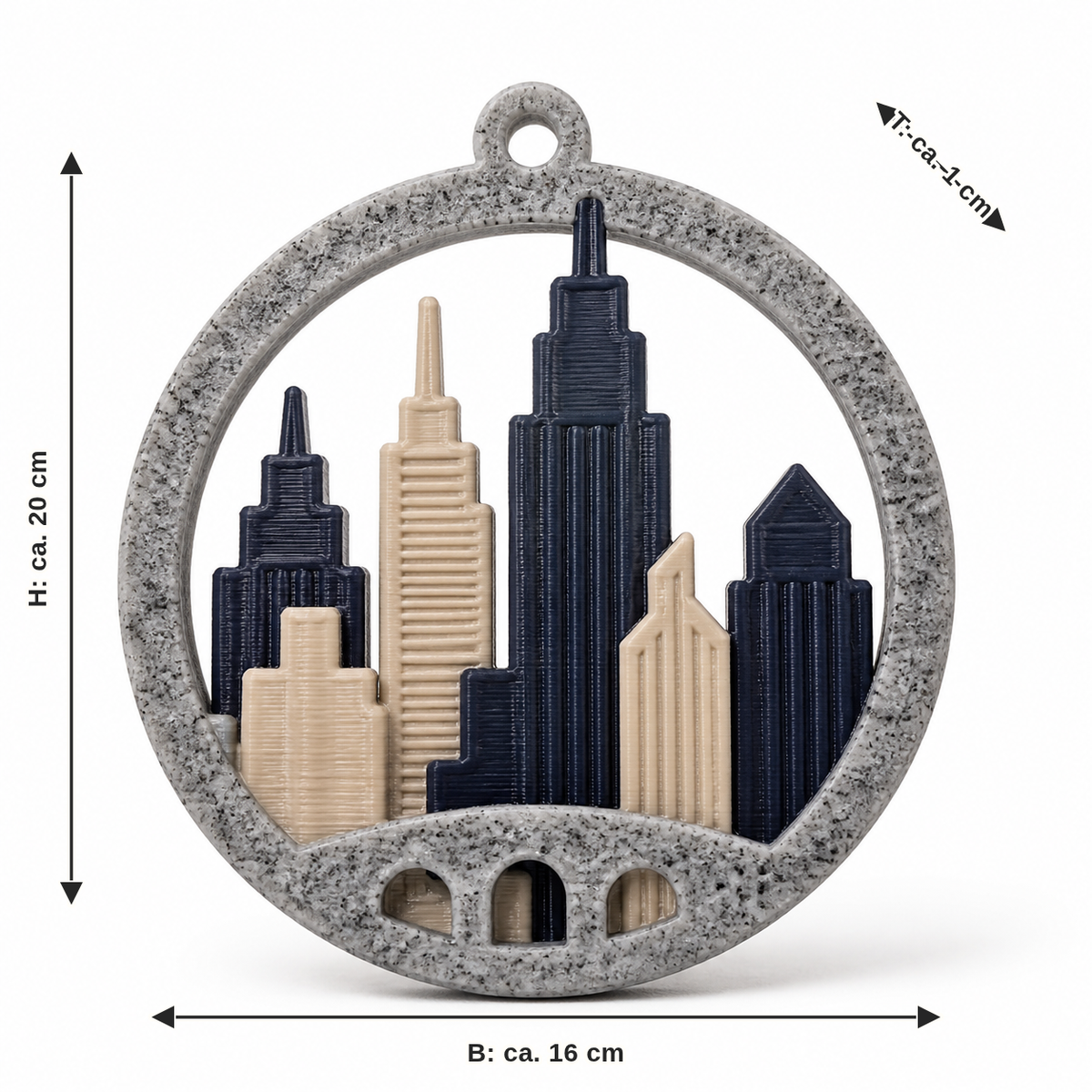 Dimensional image for round window ornament with rustic skyline: width approx. 16 cm, depth approx. 1 cm, height approx. 20 cm