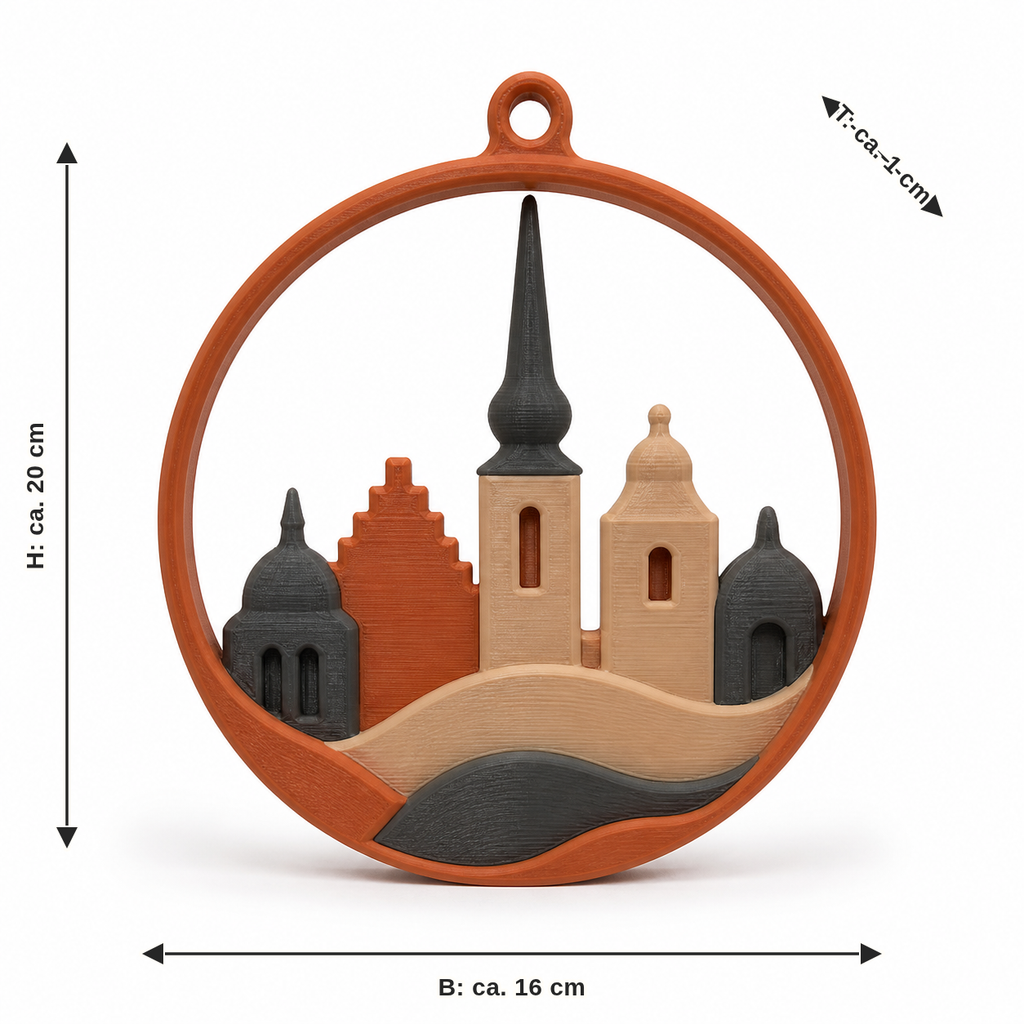 Dimensional image for round window ornament with silent city silhouette: width approx. 16 cm, depth approx. 1 cm, height approx. 20 cm