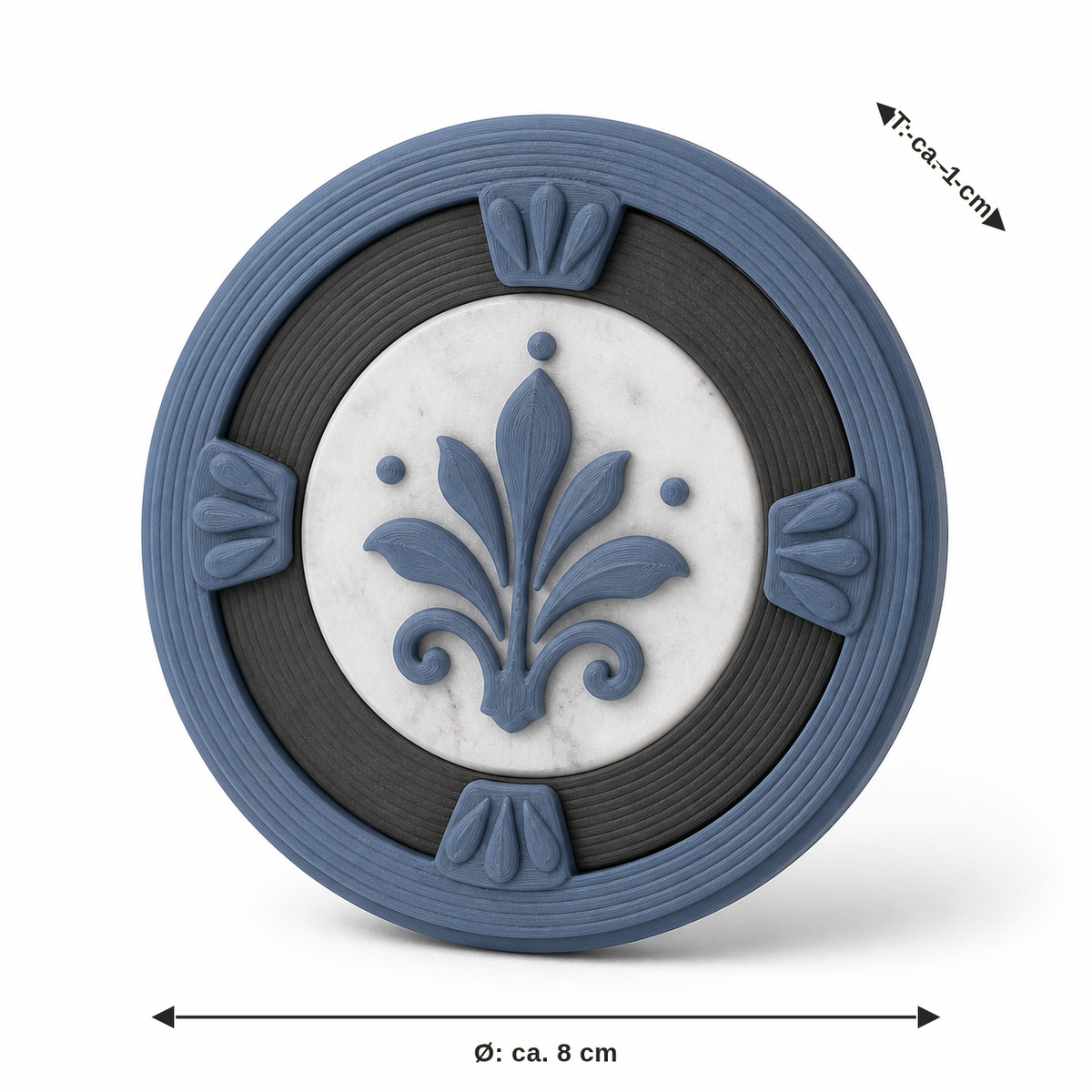 Maßbild für Runder Magnet mit blauem Pflanzenornament: Durchmesser ca. 8 cm, Tiefe ca. 1 cm