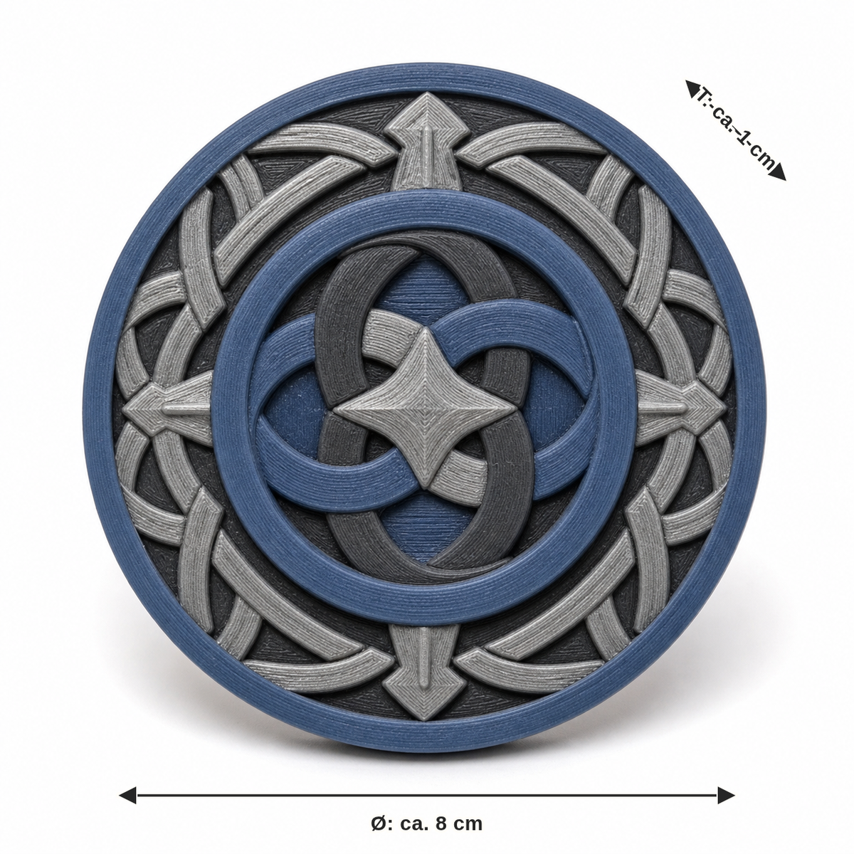 Maßbild für Runder Magnet mit Knotenschild: Durchmesser ca. 8 cm, Tiefe ca. 1 cm