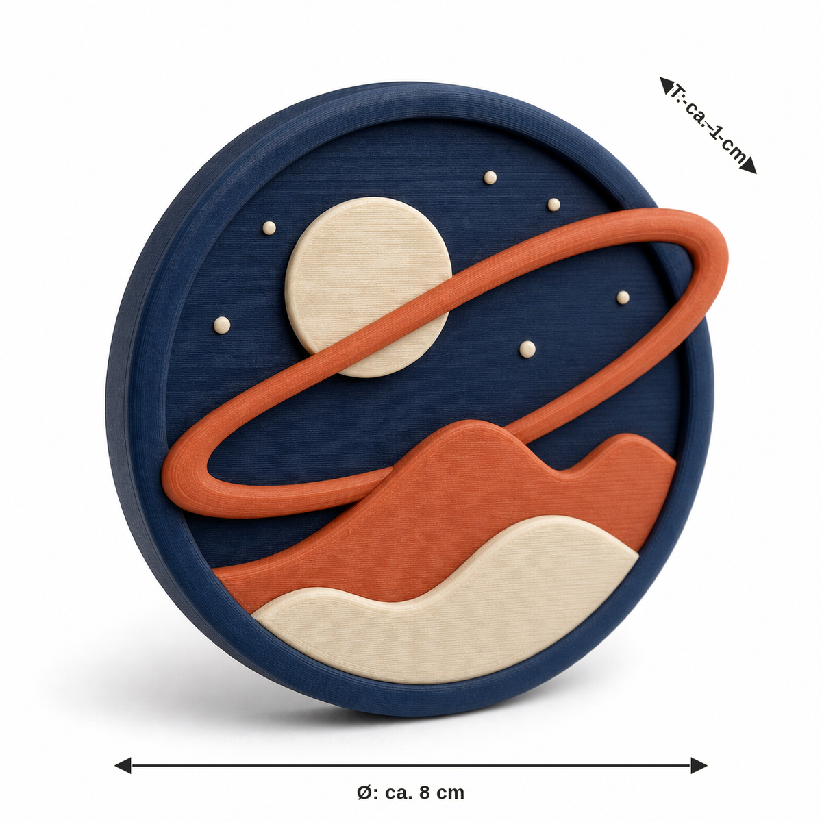 Maßbild für Runder Magnet mit Planetenmotiv: Durchmesser ca. 8 cm, Tiefe ca. 1 cm