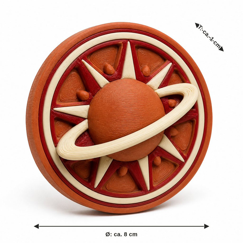 Maßbild für Runder Magnet mit Ringplaneten: Durchmesser ca. 8 cm, Tiefe ca. 1 cm